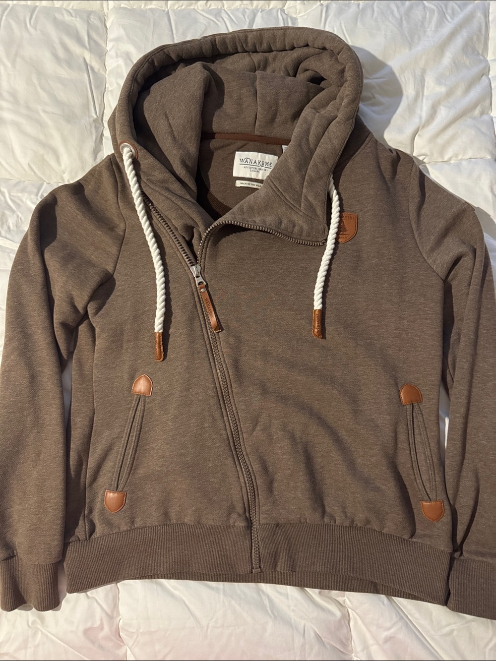 Wanakome Chocolate Brown Hooded Zip Sweatshirt with White Rope Drawstrings